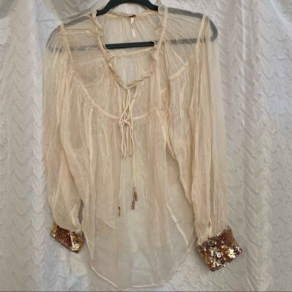 FREE PEOPLE Dream Cuff Sheer Cream Top